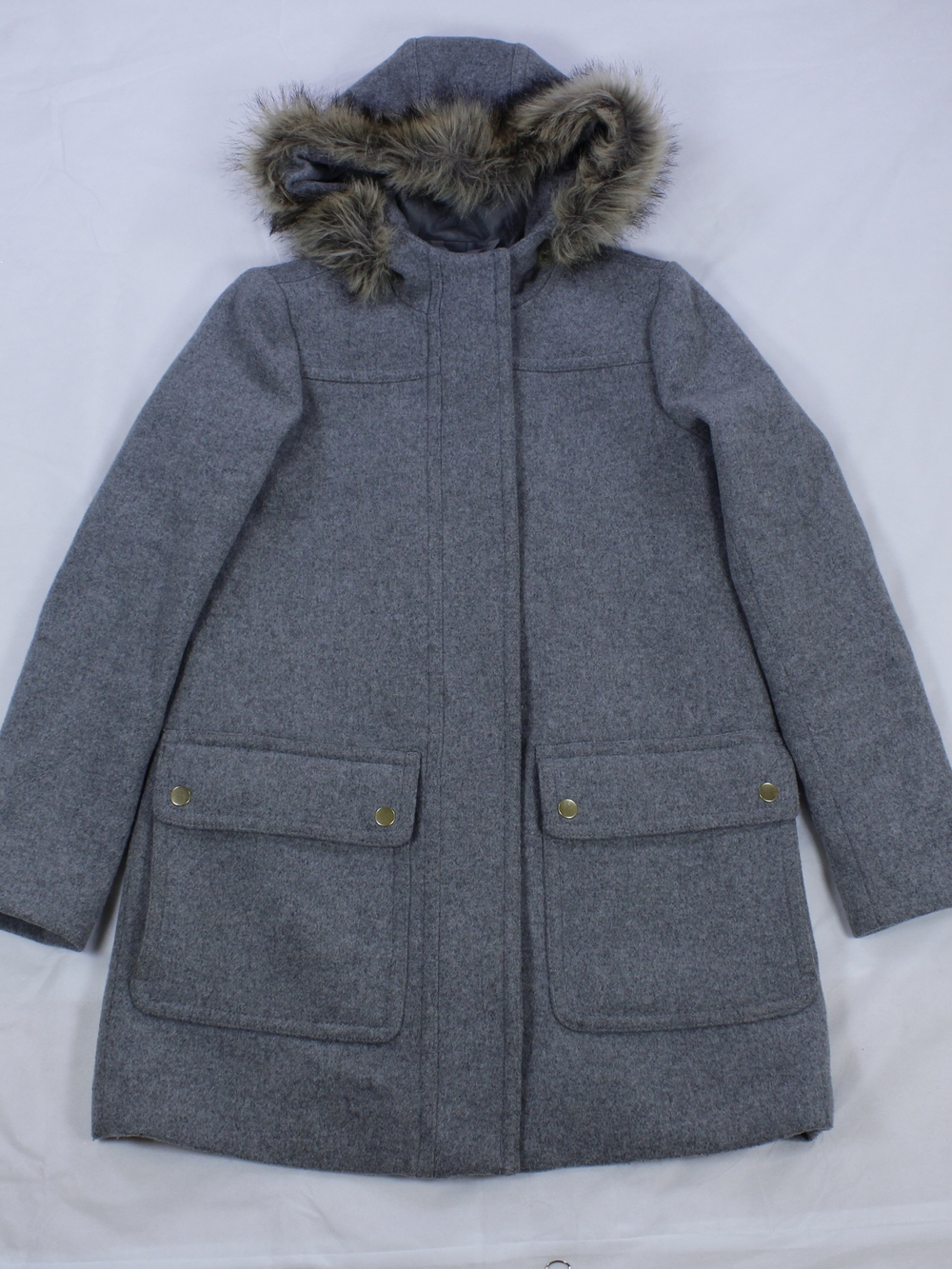 J. Crew Gray Wool Blend Hooded Coat with Faux Fur Trim